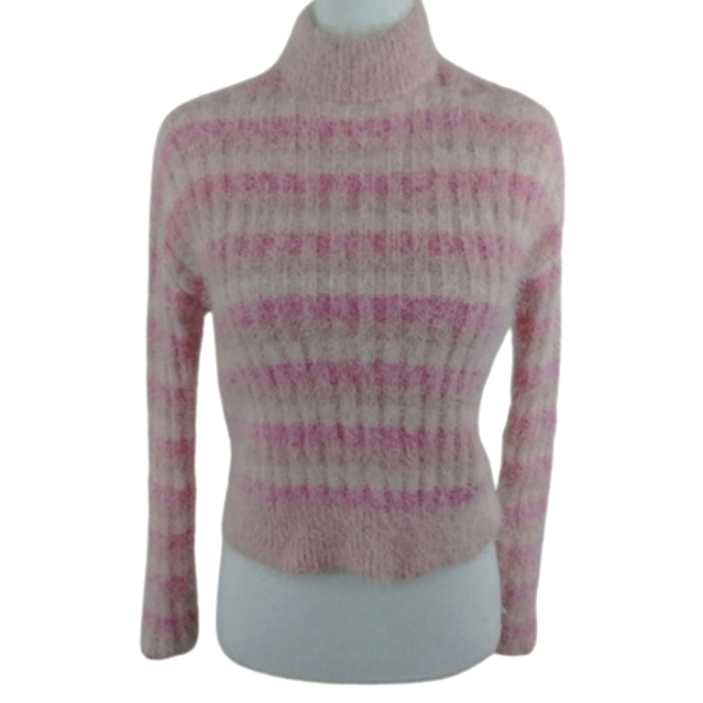 Candie's Pink Striped Fuzzy Turtle Neck Crop Top Sweater Shirt Size XS